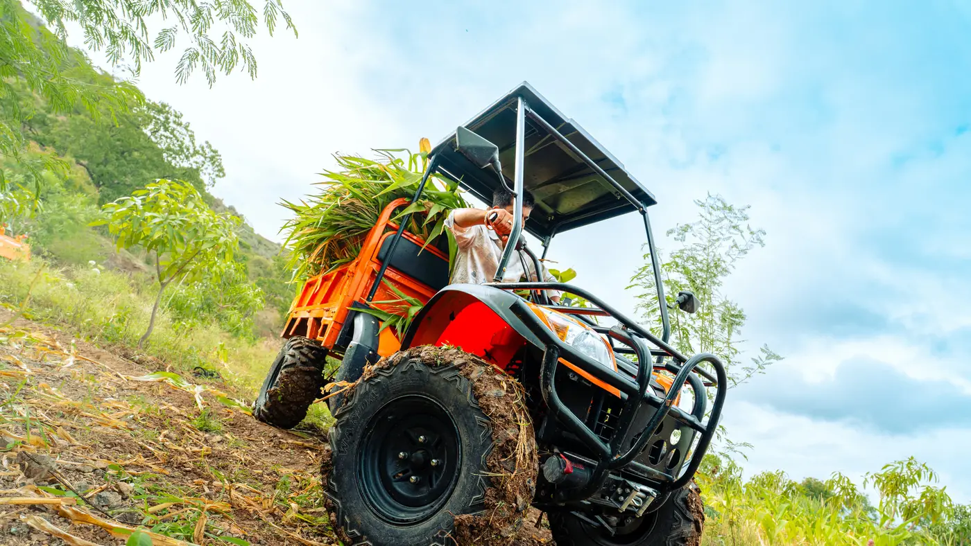 Tunwal E-ATV loaded with green fodder, climbing a hillside farm track